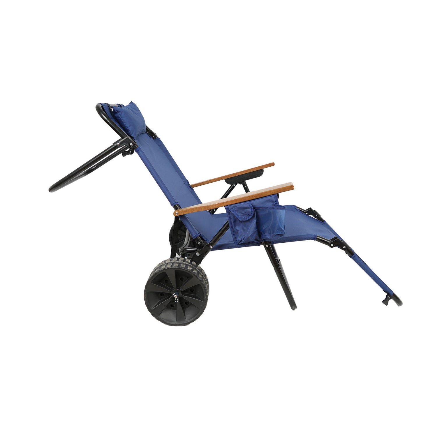 Blue reclining beach chair with wooden armrests and large wheels for sand transport