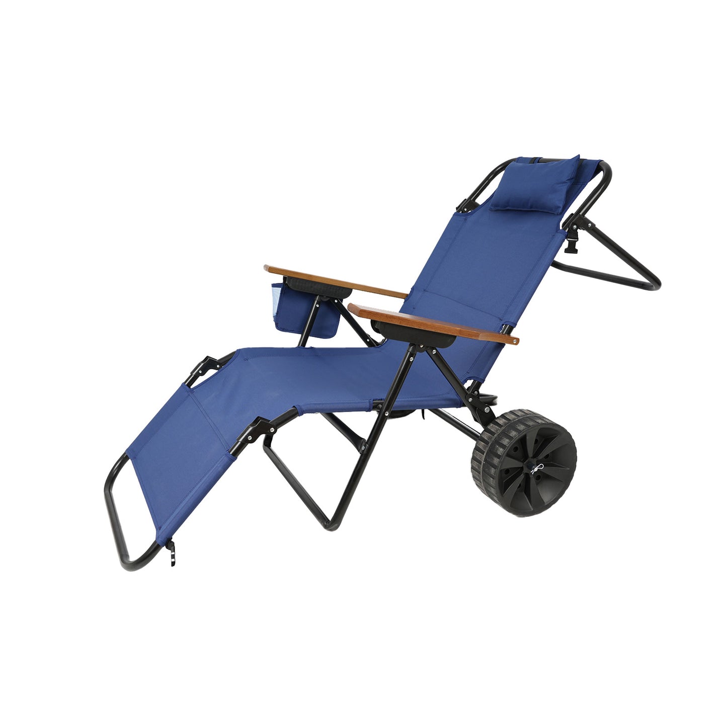 Navy blue beach lounger chair with wheels and wooden armrests