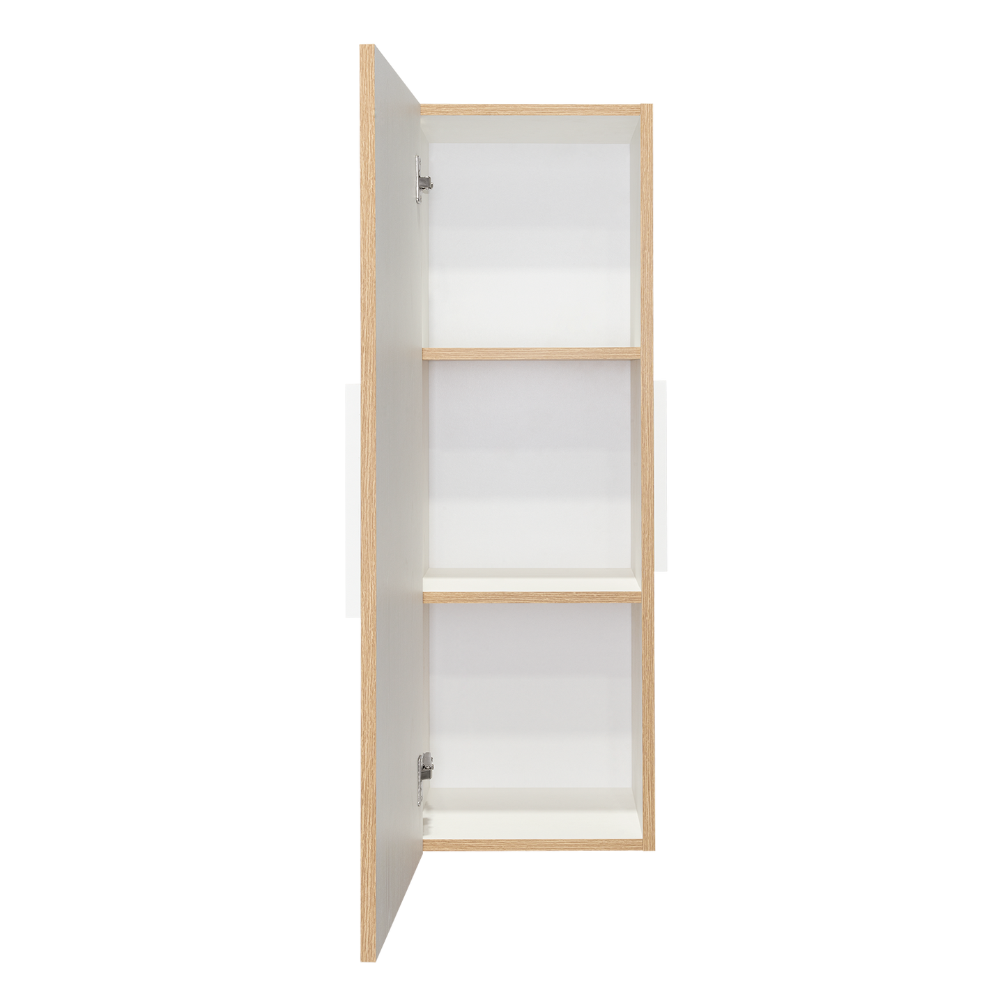 Tall narrow white cabinet with three open shelves and light wood trim