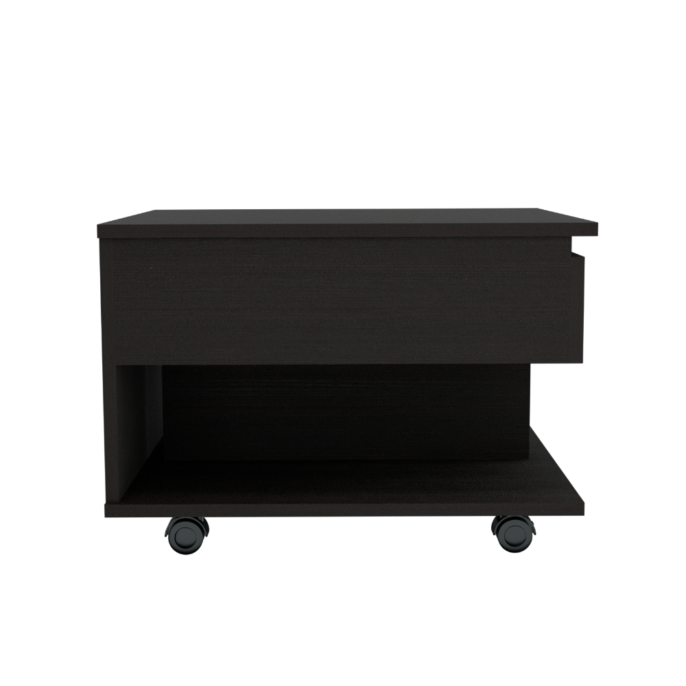 Modern dark brown bedside table with one drawer and open shelving on wheels