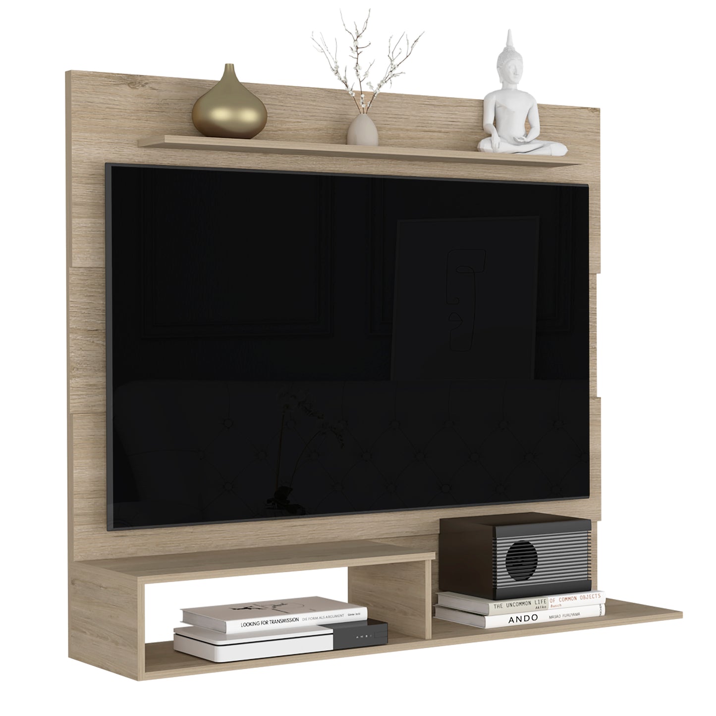 Light wood grain TV stand with shelves holding books and electronics