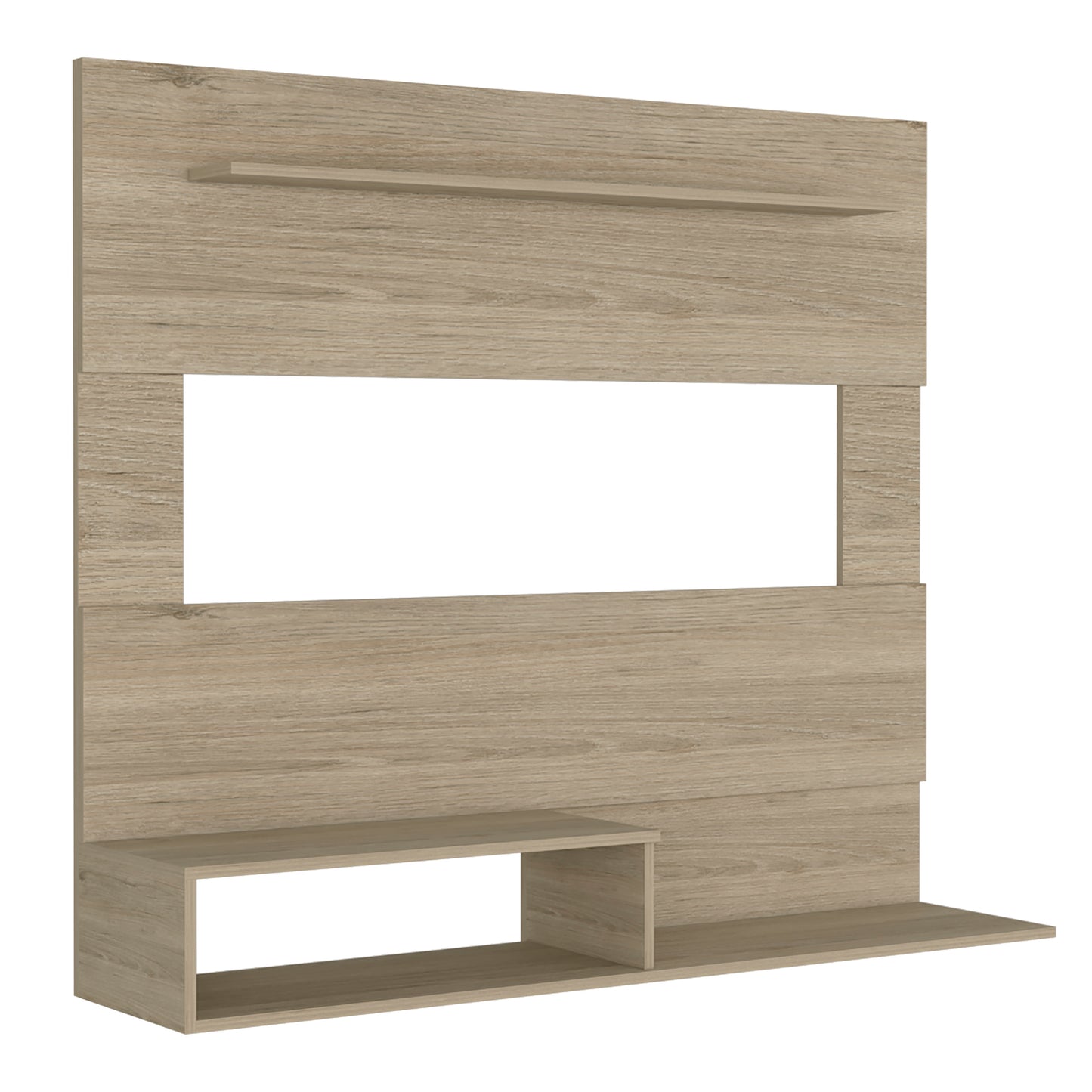 Modern light wood wallmounted entertainment center with multiple shelves and a wide cutout