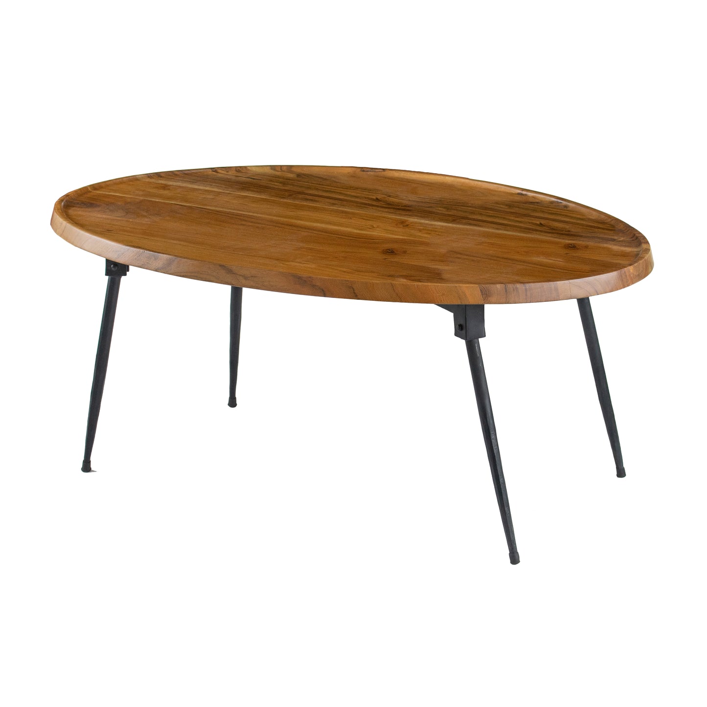 Oval wood coffee table with black metal hairpin legs