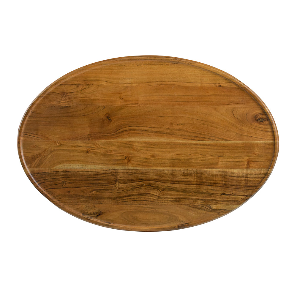 Oval teak wood cutting board with natural grain patterns perfect for food prep