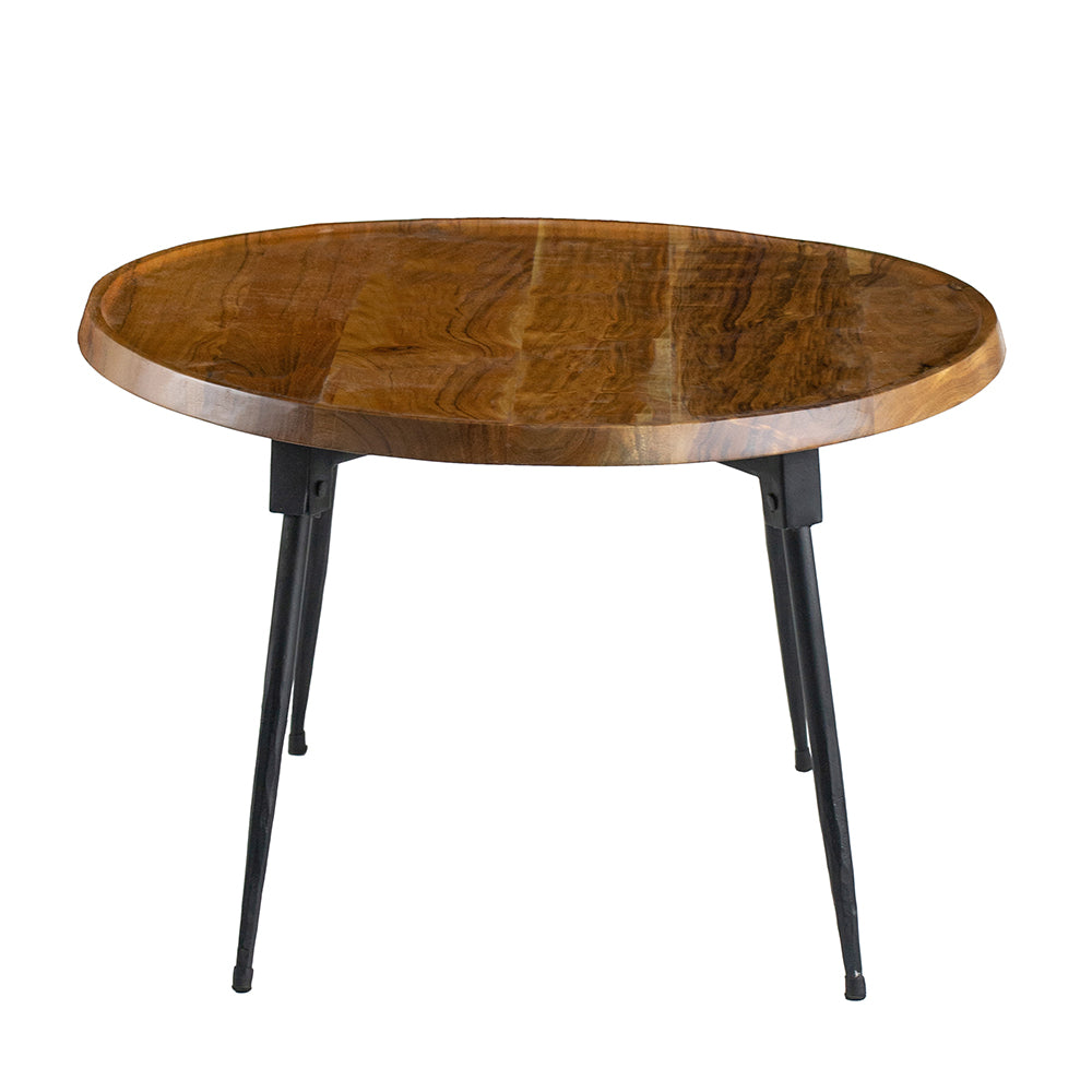 Round wood coffee table with natural grain and black metal legs