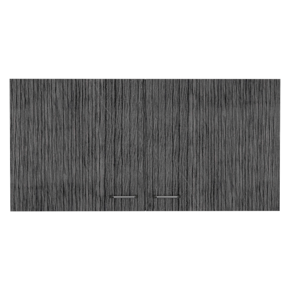 Dark grey wood grain cabinet with two modern silver handles