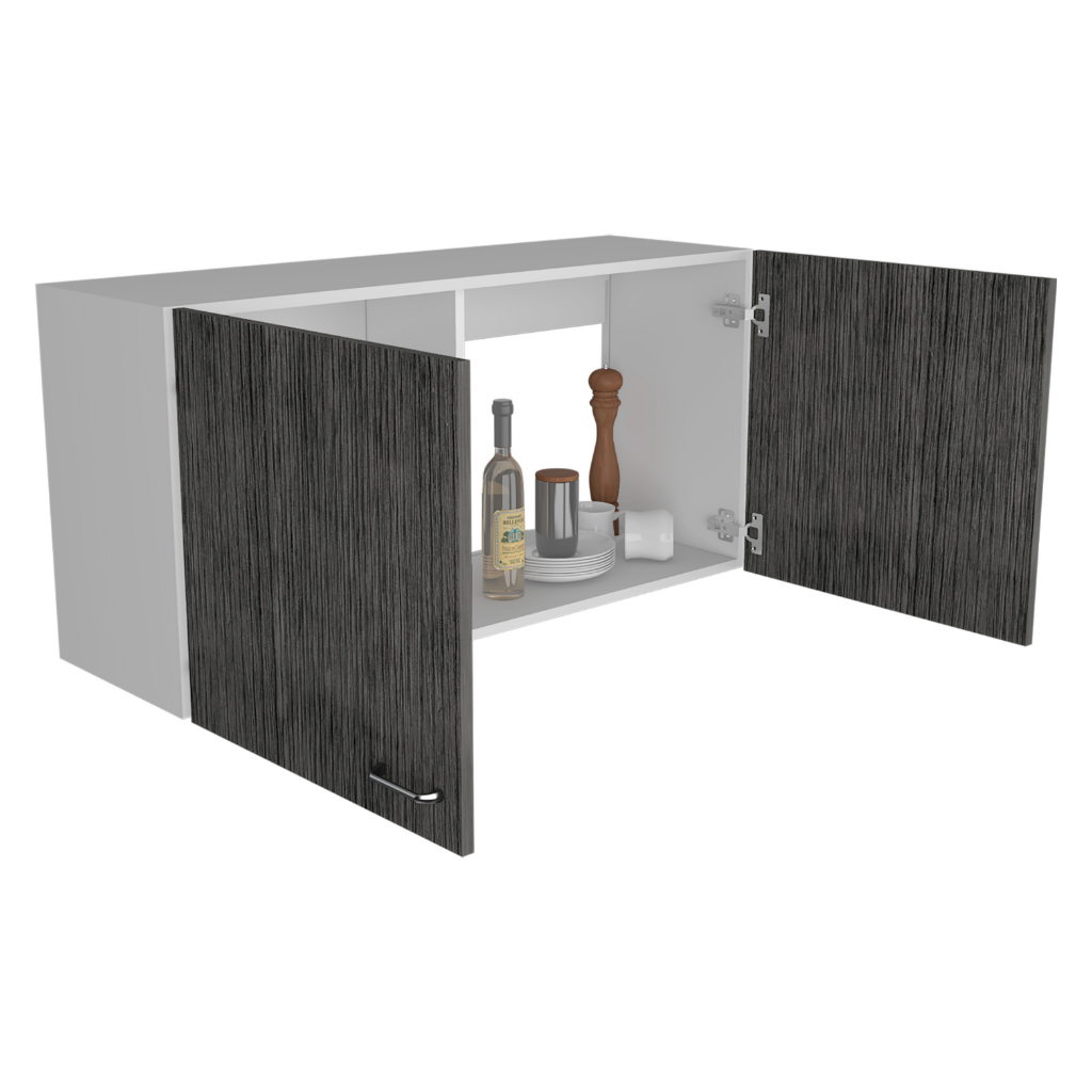 Modern white wall cabinet with dark wood grain doors featuring kitchen essentials for storage