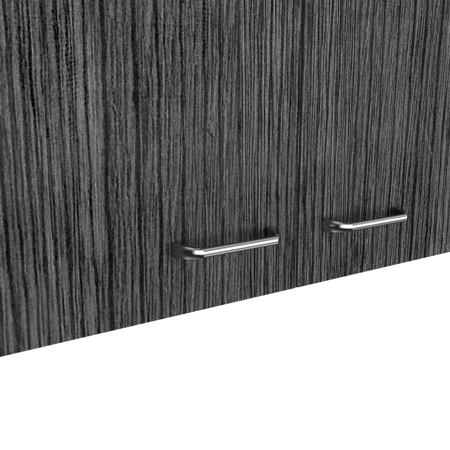 Close up of a dark grey textured cabinet door with two brushed nickel handles