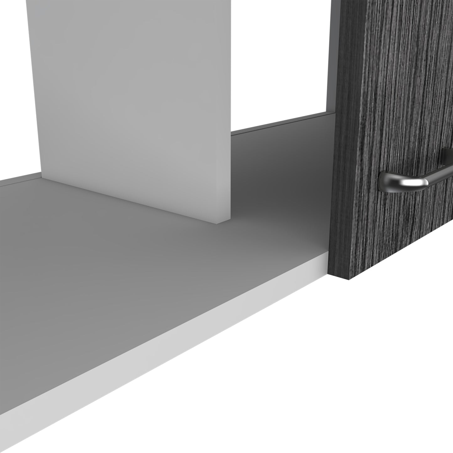 Dark wood grain cabinet door with a brushed nickel handle Sleek modern design