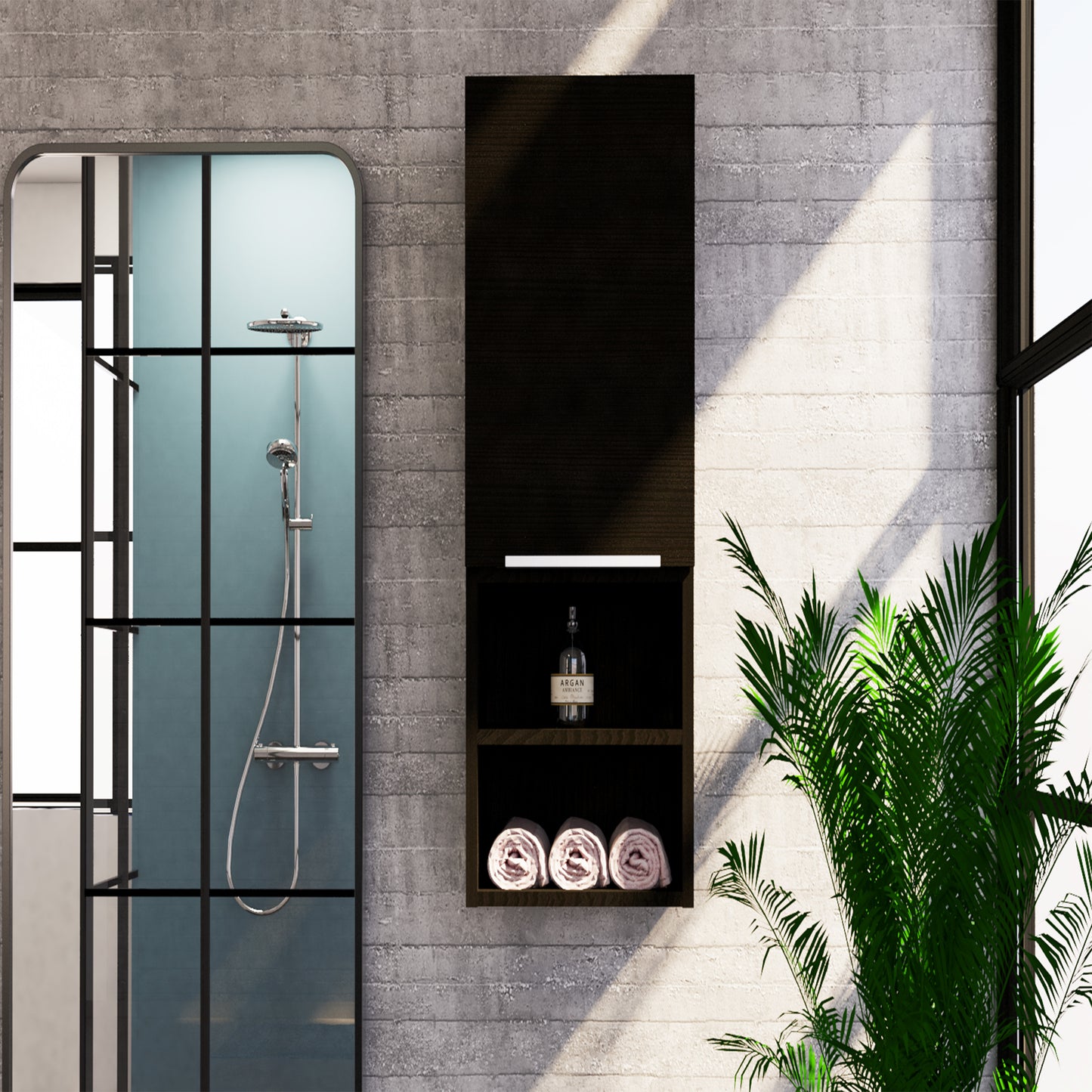 Modern black bathroom cabinet with open shelves holding rolled towels and argan oil