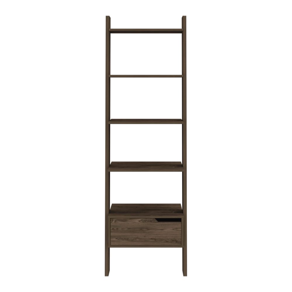 Tall dark wood ladder shelf with open shelves and a single drawer for storage