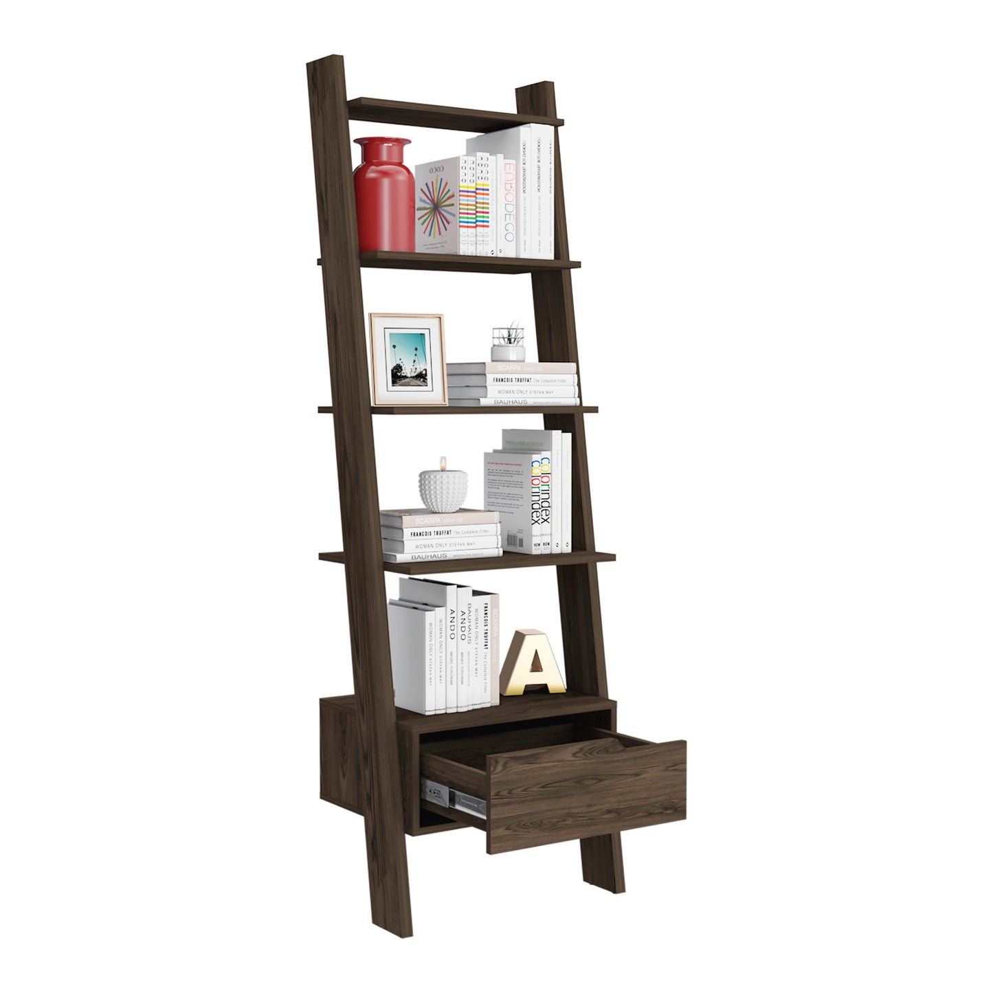 Dark wood ladder bookshelf with open drawers and decorative items