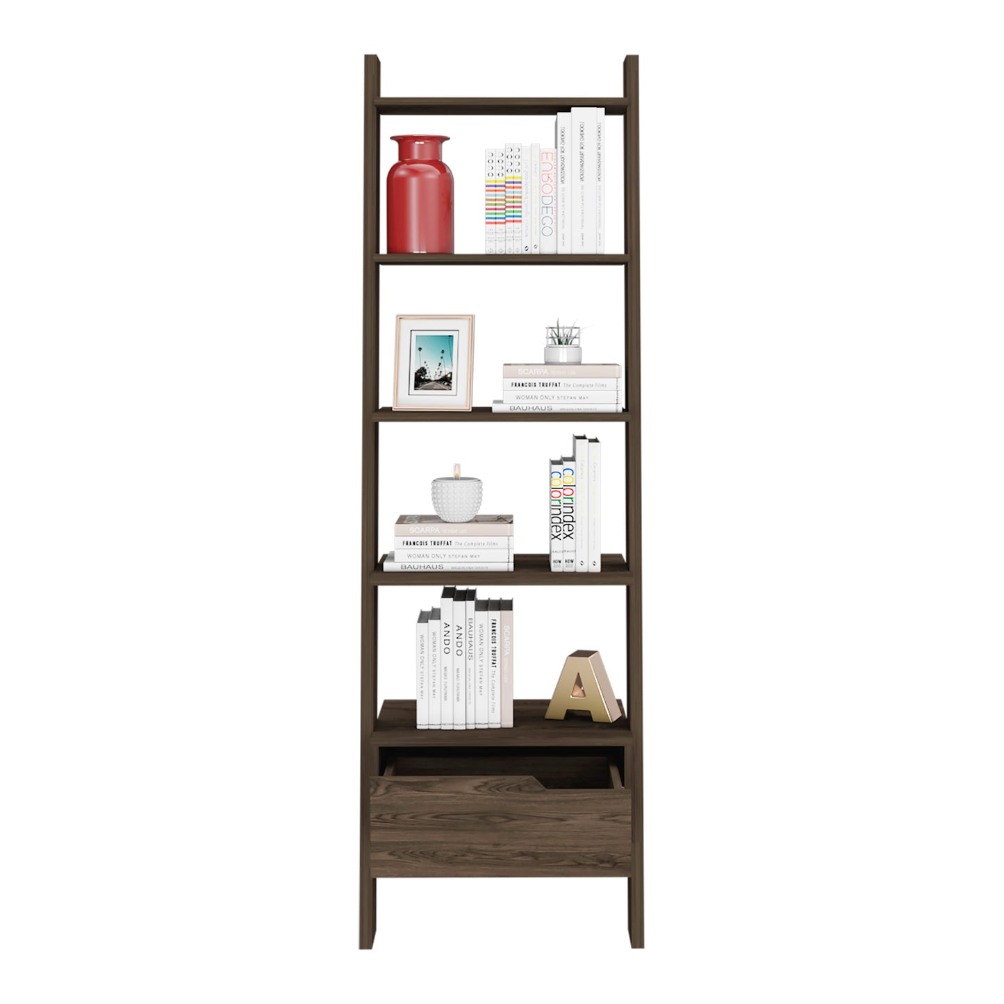 Dark brown ladder bookshelf with five shelves holding decorative items