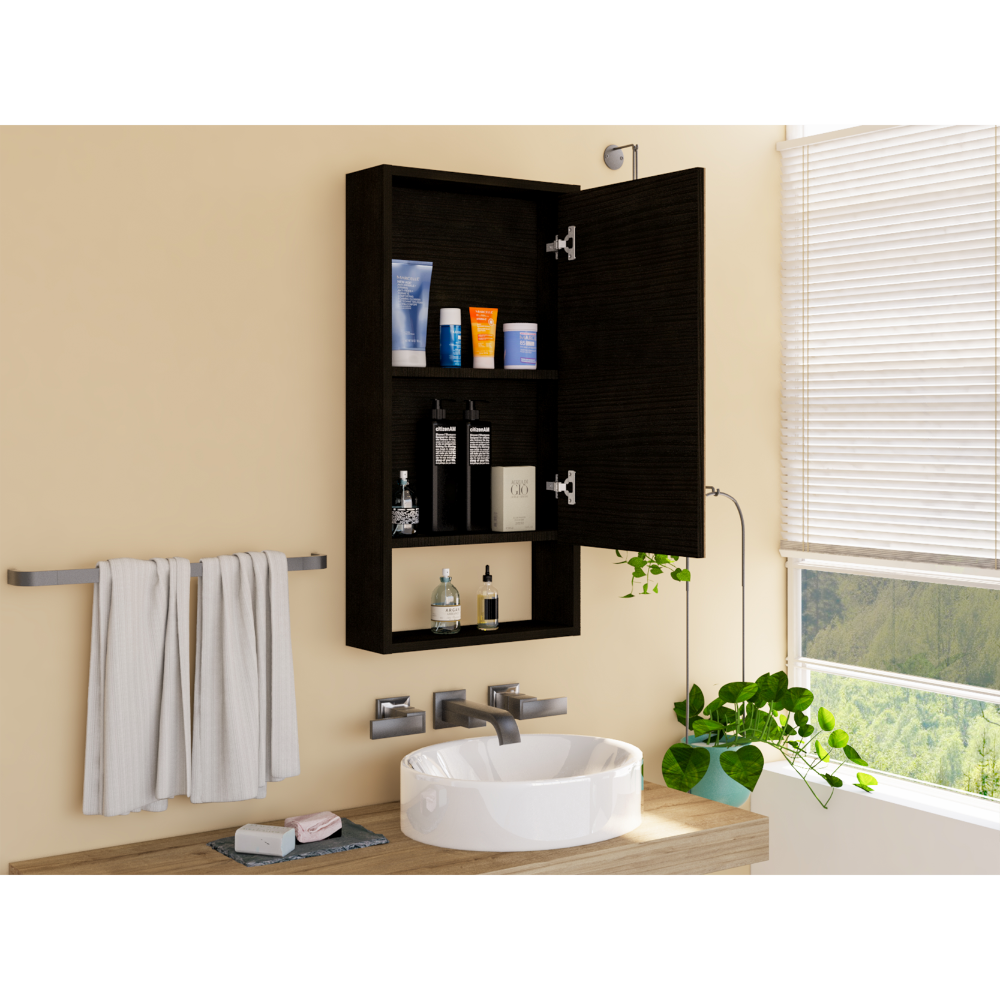 Dark wood medicine cabinet with open door showcasing toiletries