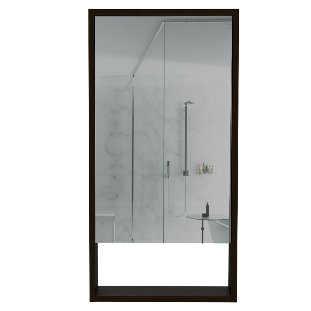 Modern framed shower enclosure with chrome fixtures and marble tile wall