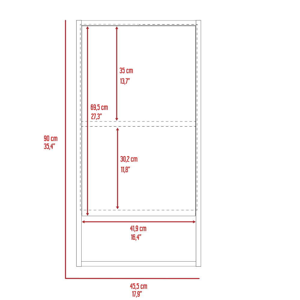 Diagram of a shelving unit with dimensions cm H x cm W