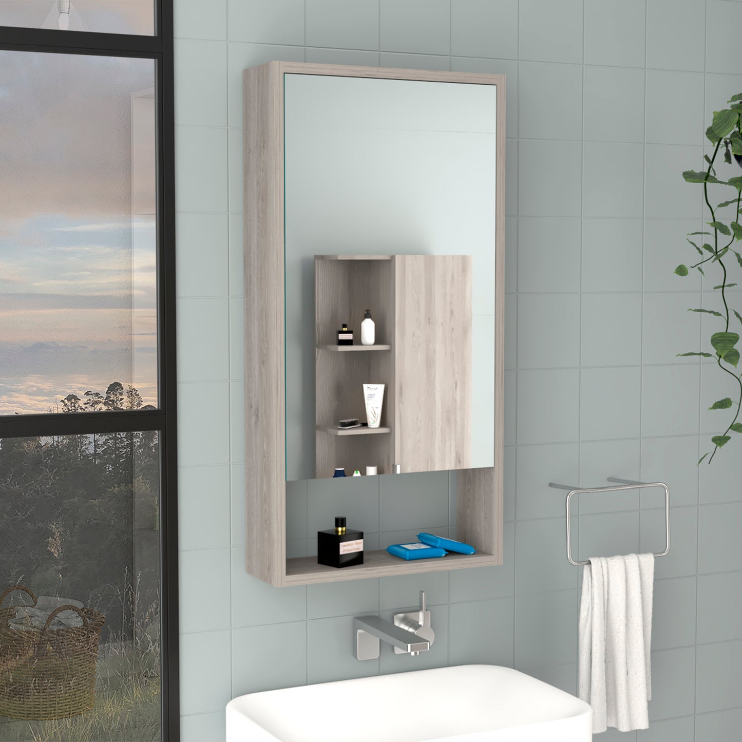 Modern medicine cabinet with light wood finish and mirrored door perfect for bathroom organization