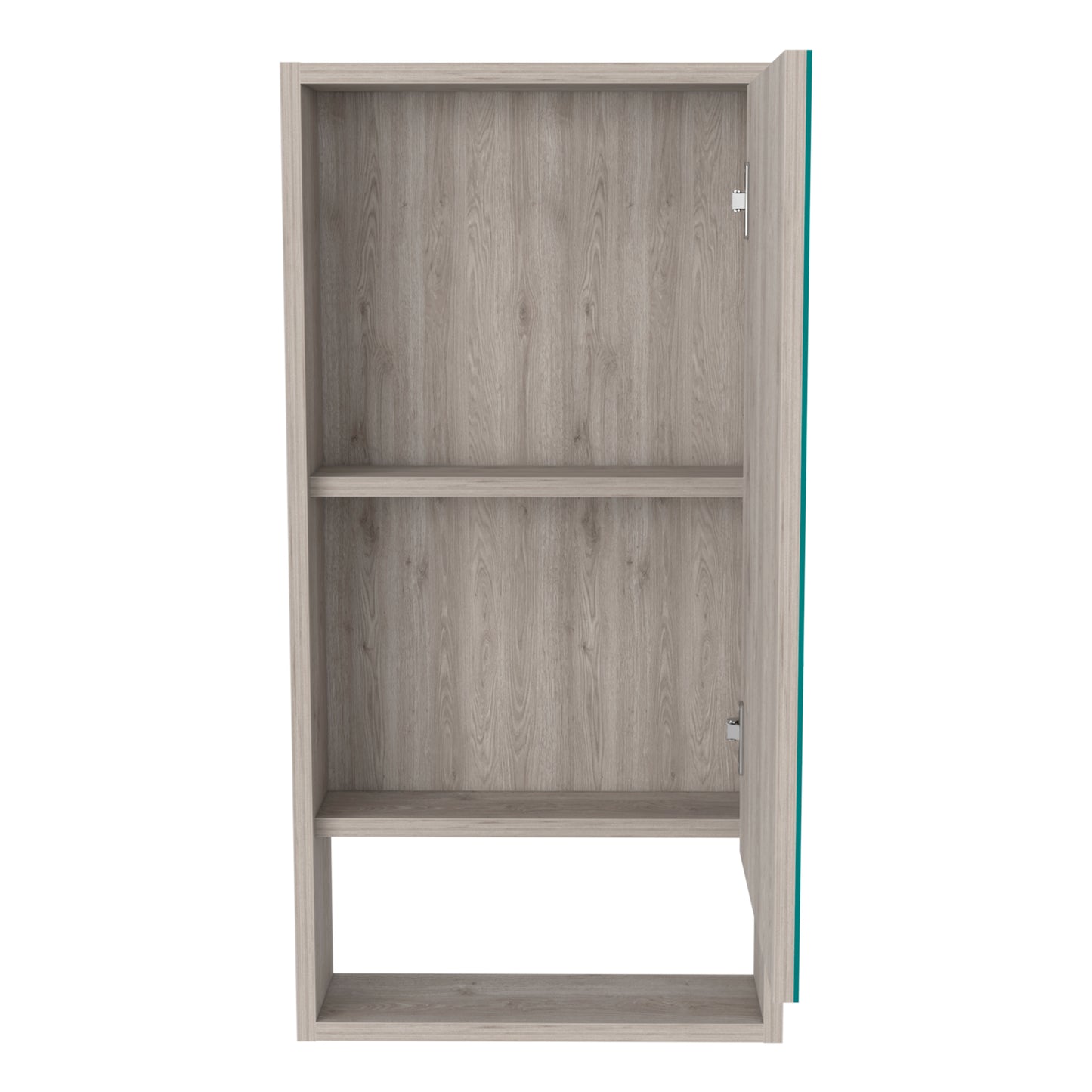 Modern wood grain cabinet with teal accent open and empty interior for storage