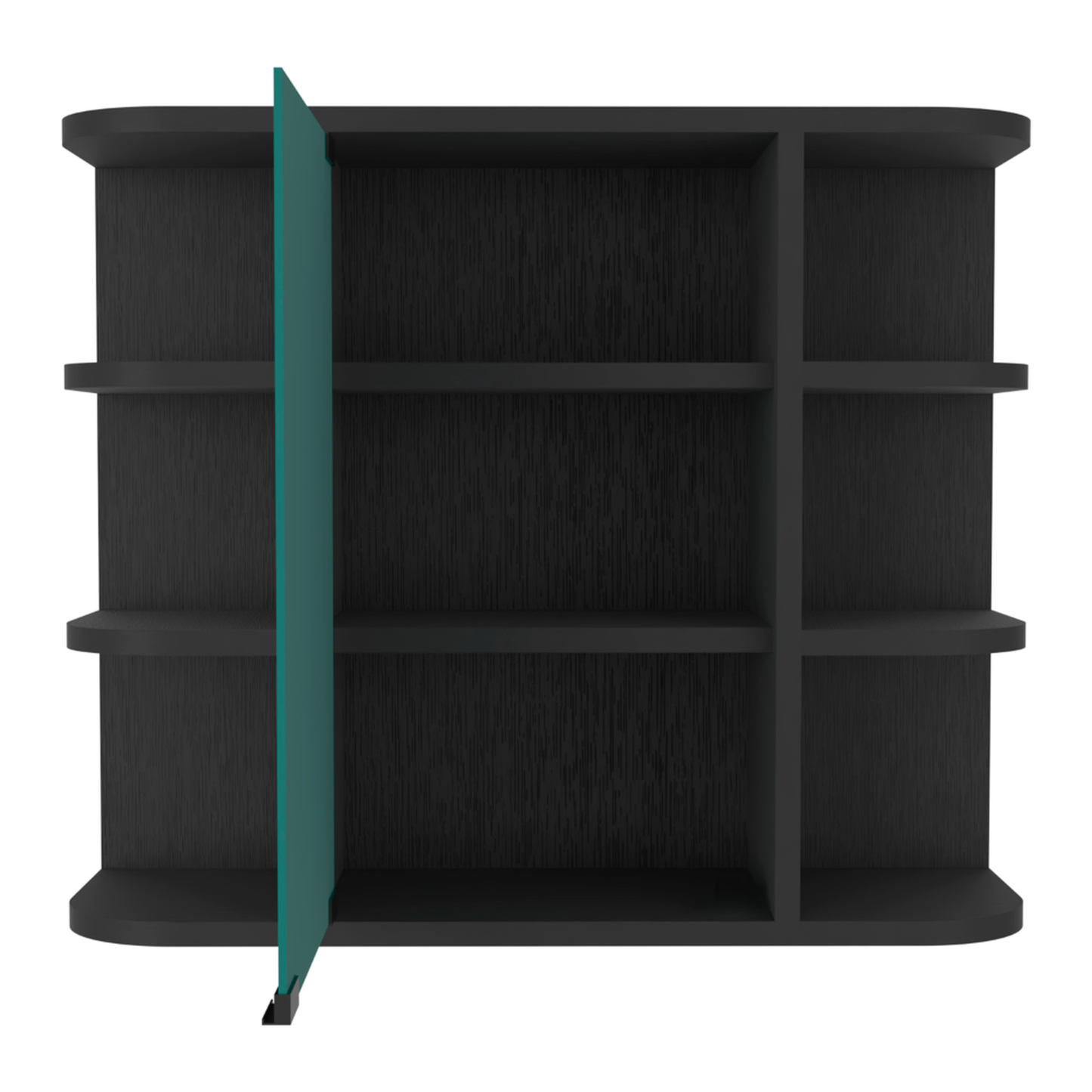 Modern black wall shelf with a transparent green divider cubbies for display