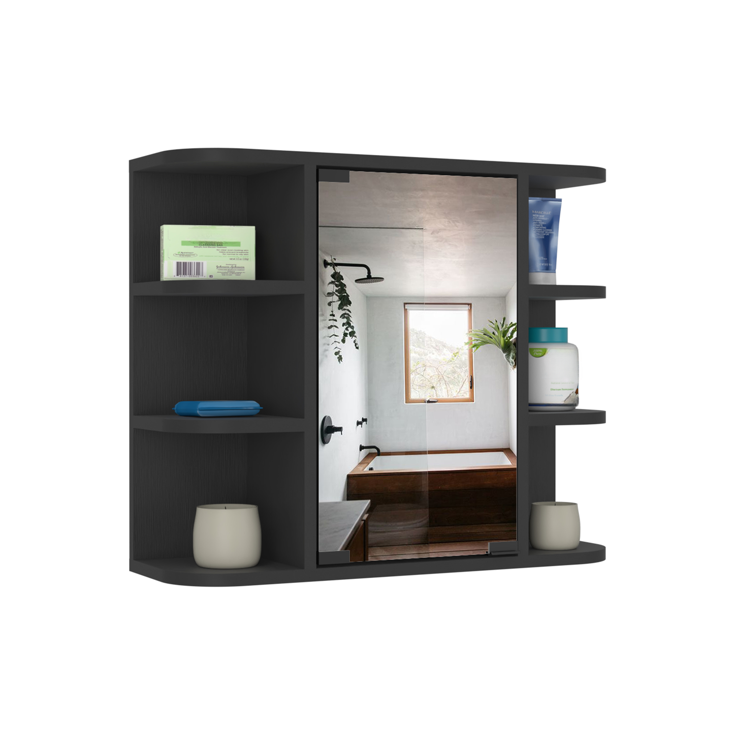 Dark gray modern medicine cabinet with mirrored door and shelves