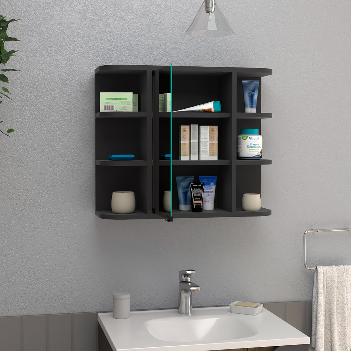 Dark gray modern bathroom shelf with toiletries including tubes and bottles