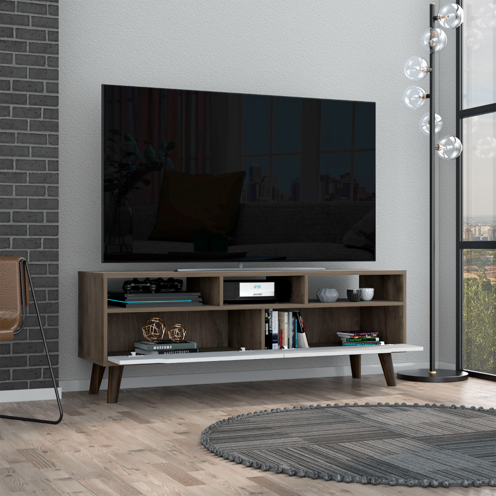Modern brown TV stand with open shelving and a sleek white drawer for media consoles