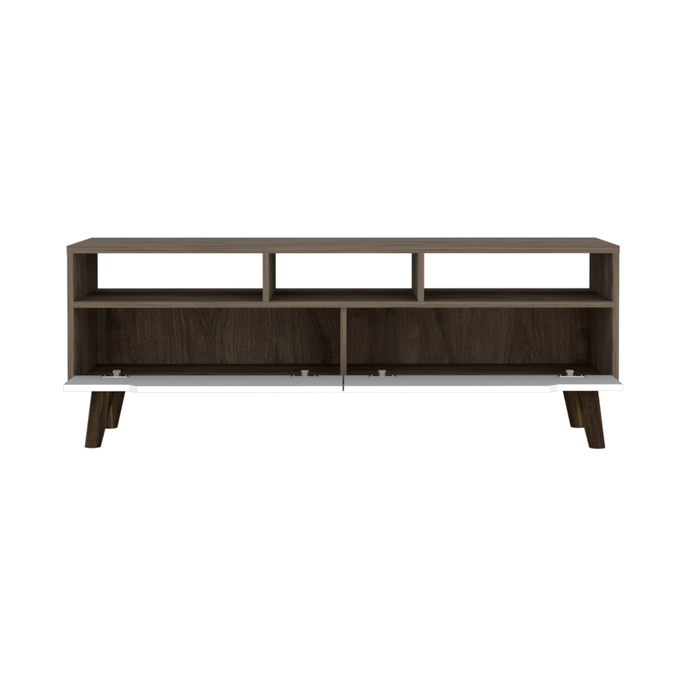 Modern walnut and white TV stand with open shelves and cabinet doors