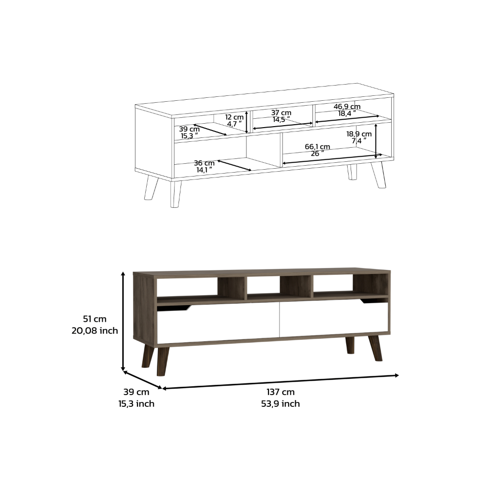 Modern TV stand with white drawers and oak finish cm wide