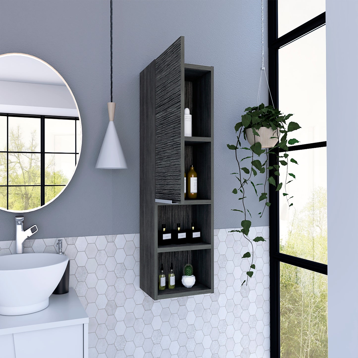 Dark gray modern wall cabinet with textured door ideal for bathroom storage