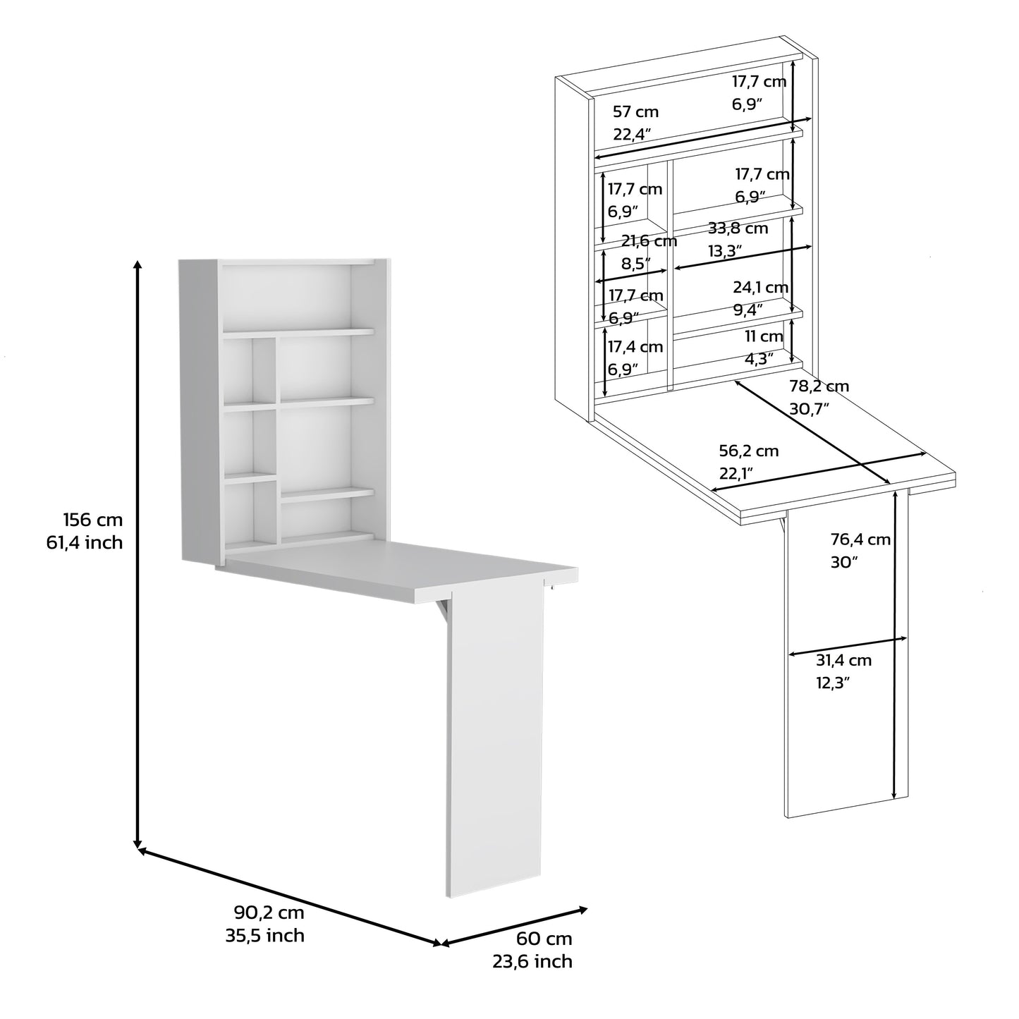 White wallmounted desk with shelving unit dimensions x x cm