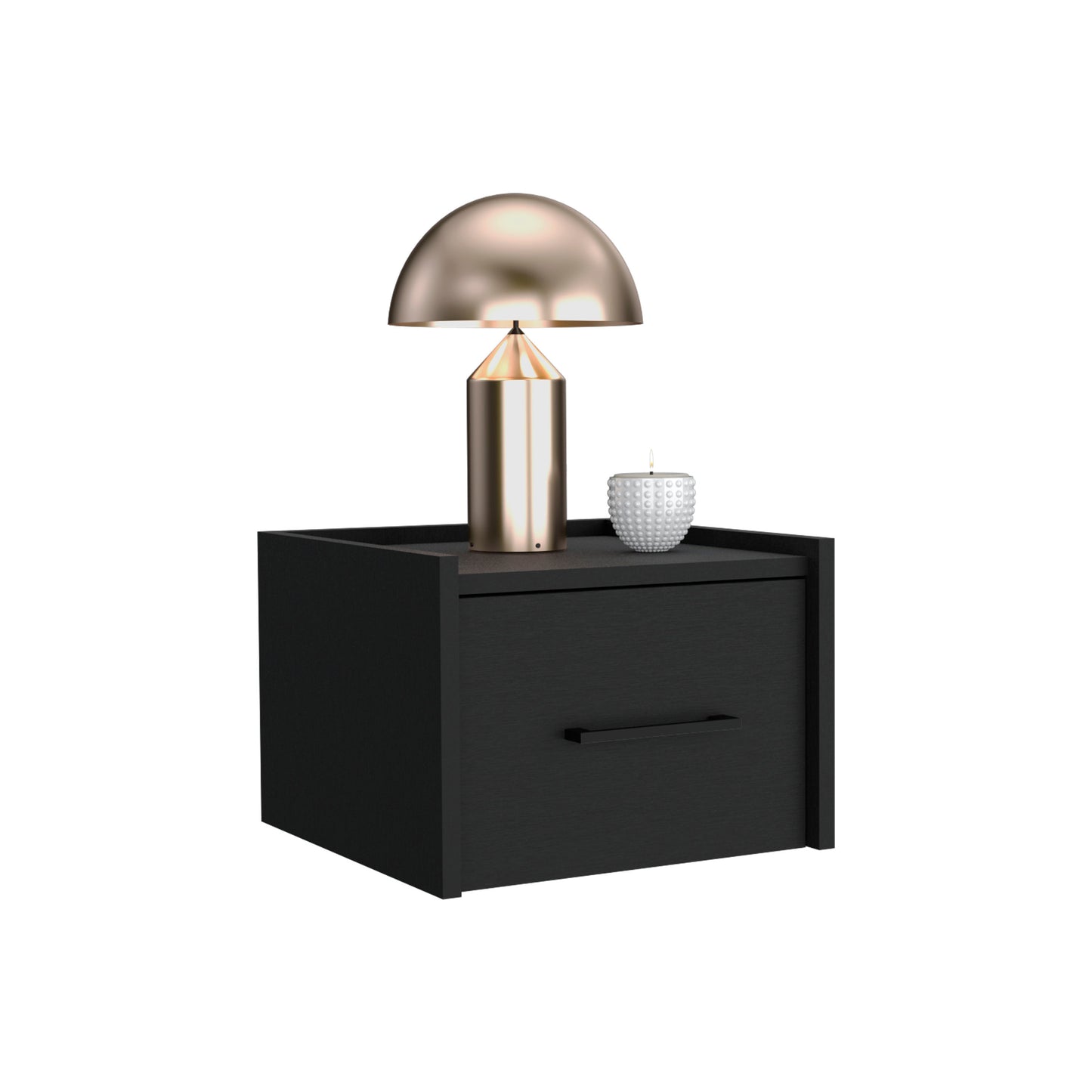 Black oak bedside table with a modern mushroomshaped brass lamp and white textured candle