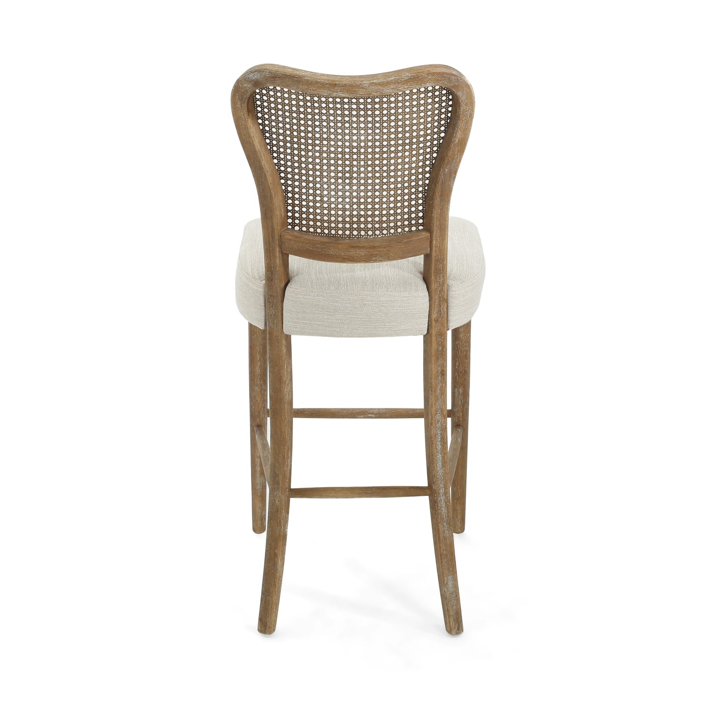 Rustic cane back bar stool with a natural wood finish and neutral upholstered seat