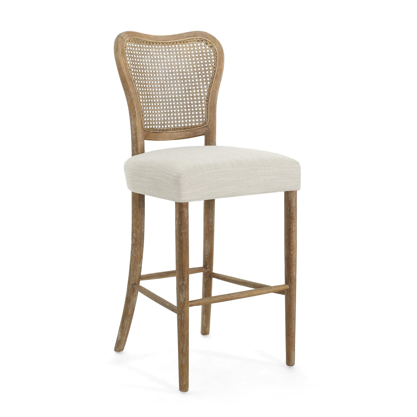 Rustic wooden bar stool with a woven cane back and upholstered seat