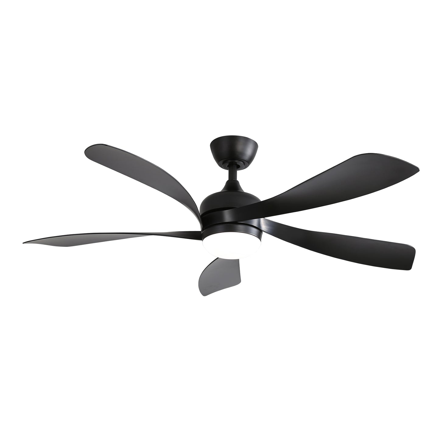 Modern black fiveblade ceiling fan with integrated LED light perfect for living rooms