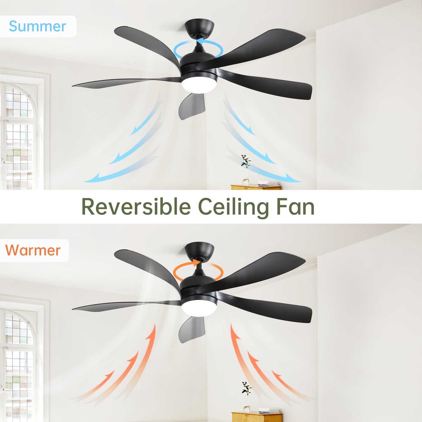 Black blade reversible ceiling fan with integrated light illustrating summer cooling airflow