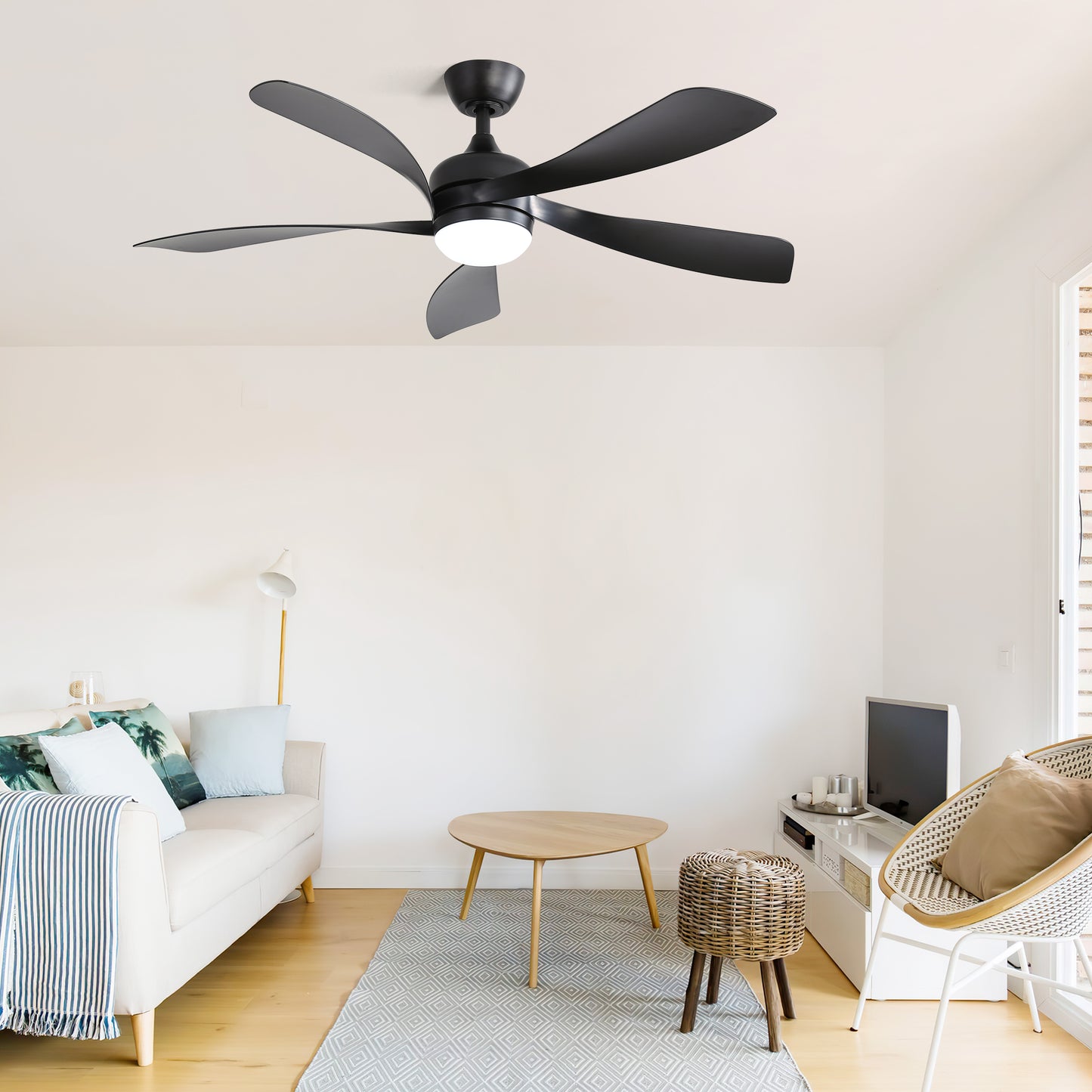 Modern black ceiling fan with integrated LED light five curved blades ideal for living rooms