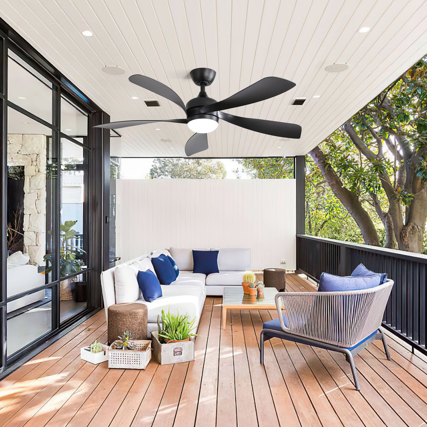 Black fiveblade outdoor ceiling fan with integrated LED light for patio comfort