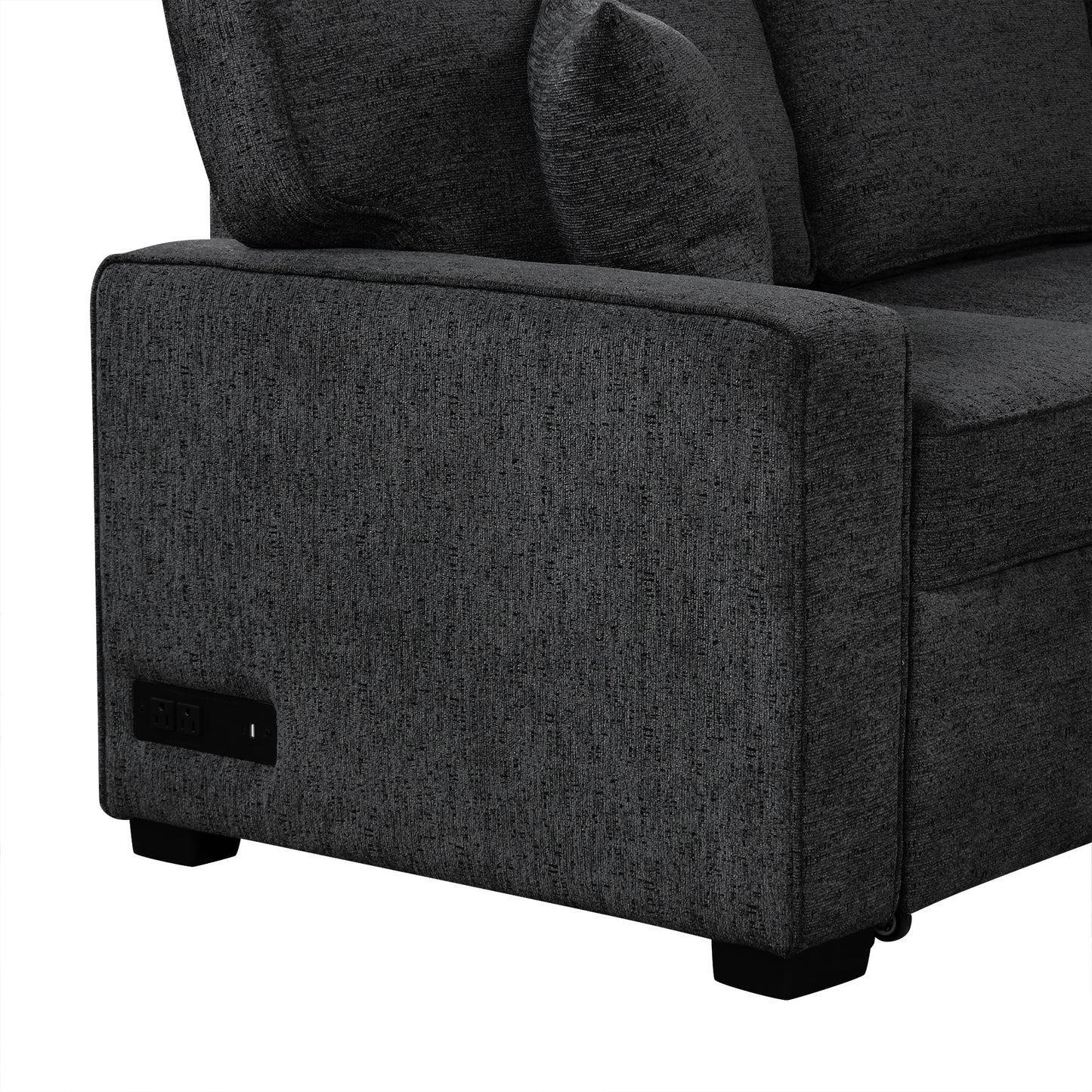 Dark gray textured fabric sofa armrest with integrated USB port and power outlet