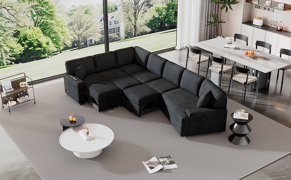 Spacious charcoal grey sectional sofa with pullout beds and storage for modern living