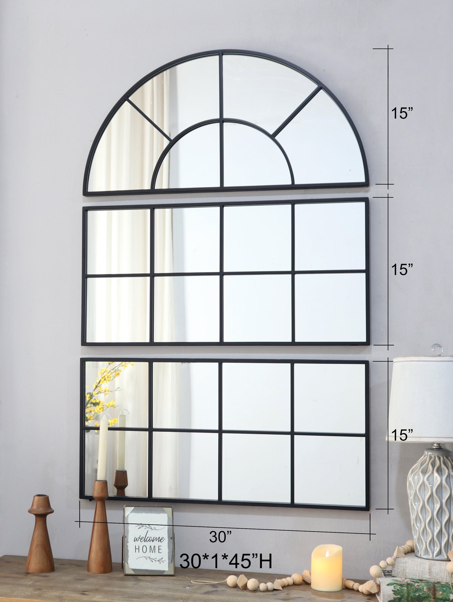 Industrial window pane style mirror set with arched top section and grid panes