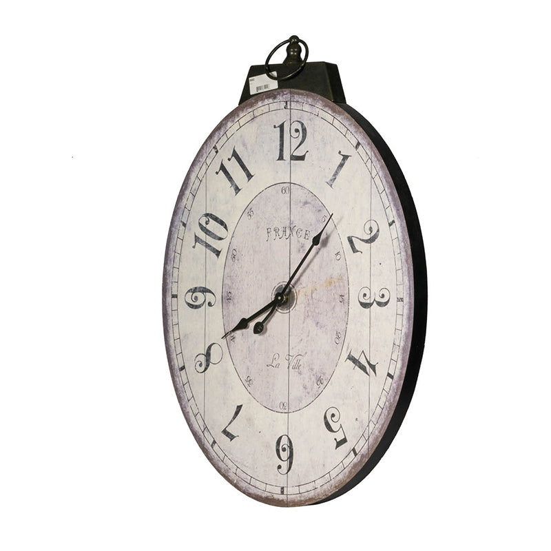 Vintage oval wall clock with distressed white face and black roman numerals