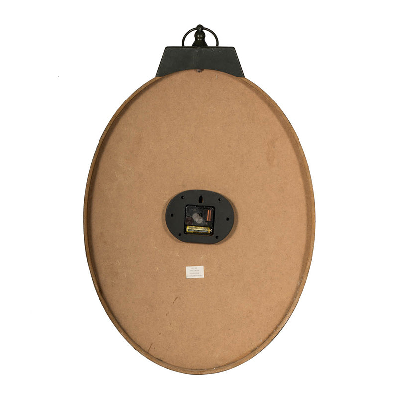 Oval decorative wall clock with black hanging loop and exposed clock mechanism on back