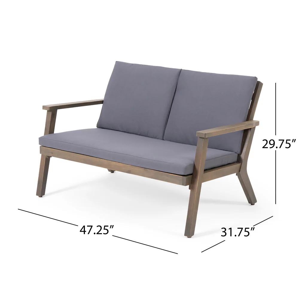 Modern patio loveseat with grey cushions and distressed wood frame
