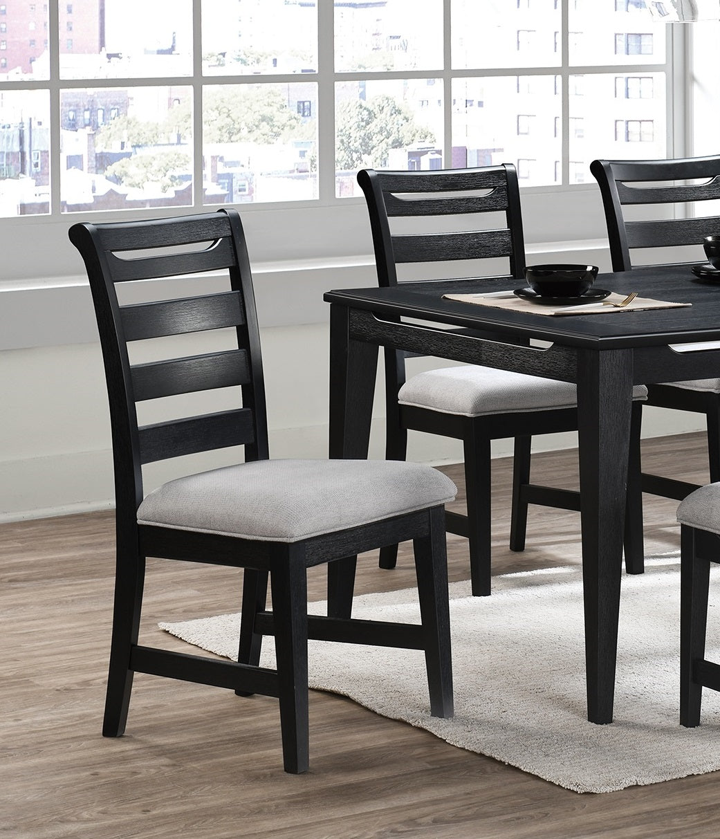 Black wooden dining chair with light gray upholstered seat and horizontal slats