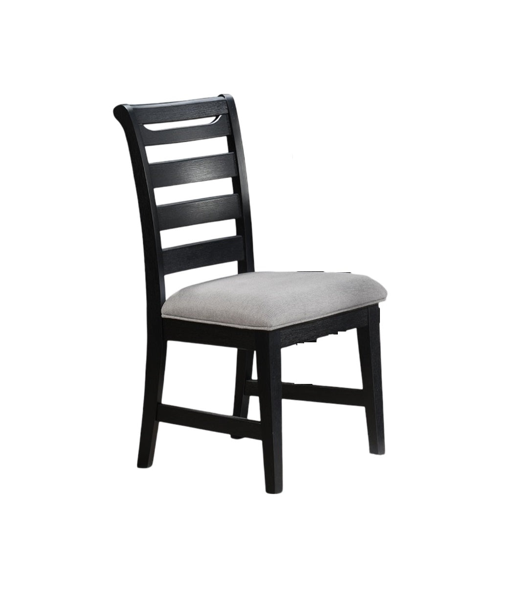 Black wooden dining chair with slatted back and grey upholstered seat
