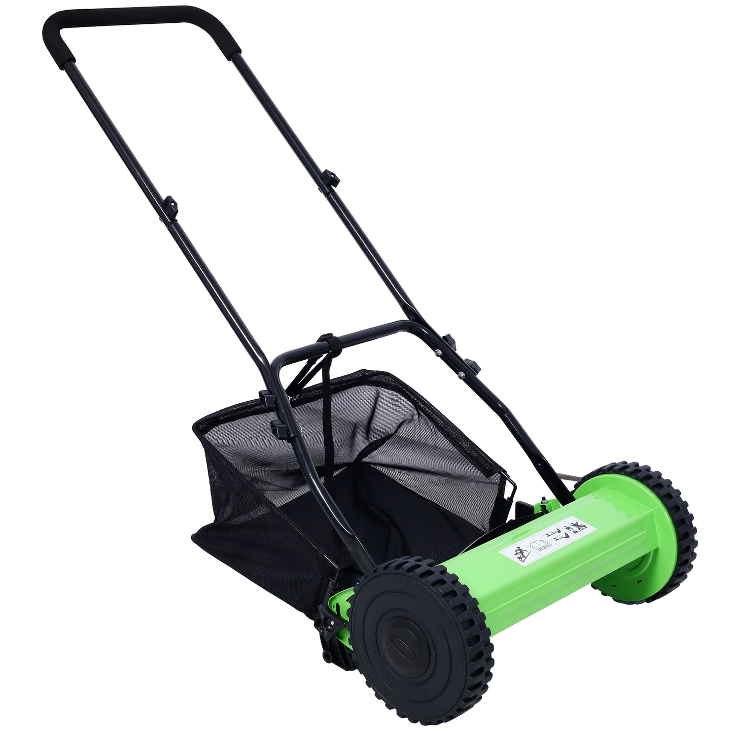 Bright green reel mower with a black grass catcher bag and ergonomic handlebars