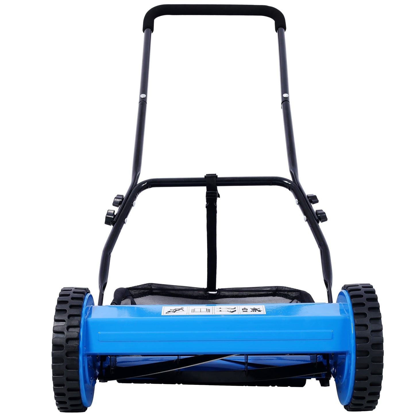 Blue reel mower with black handle and wheels ideal for home lawn care