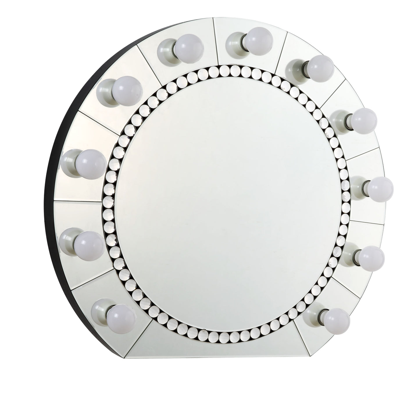 Round Hollywood mirror with illuminated bulbs and crystal accents