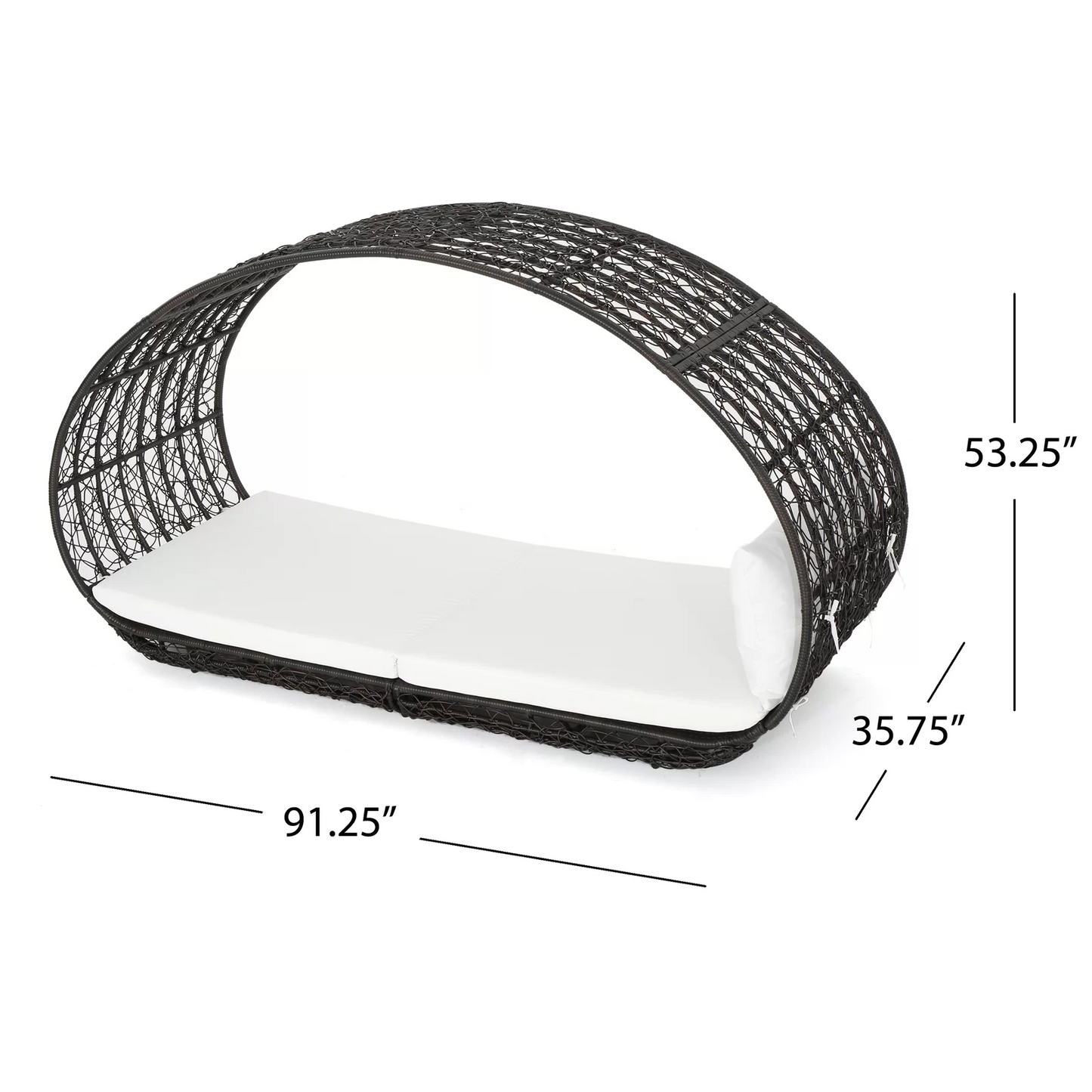 Woven rattan pod daybed with white cushions perfect for outdoor lounging