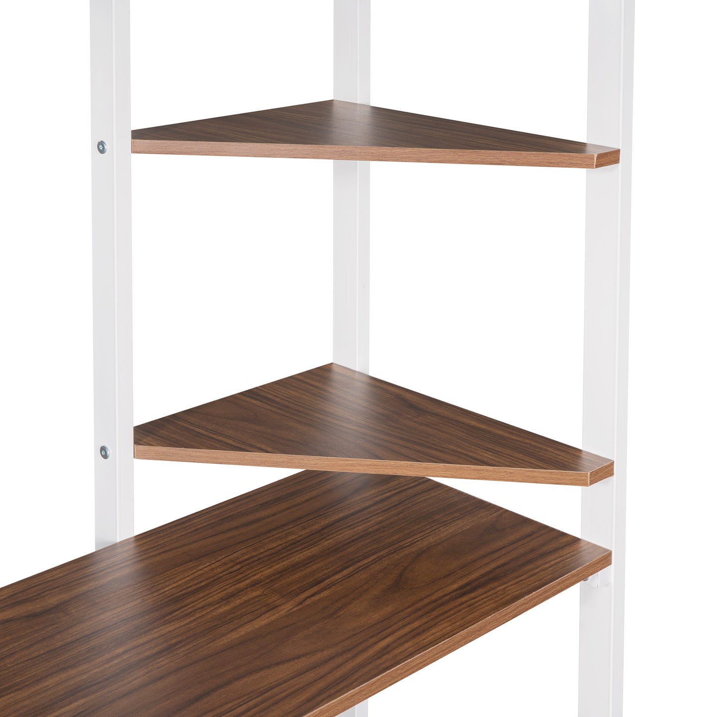 Walnut finish corner shelf with white metal frame
